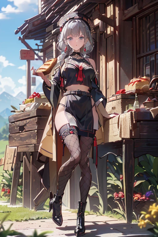 (perky chest:1.2), (pointed chest:1.2),(Pudding cake magazine cover:1.3),(from below:1.2),(shoot from the side:1.1),(((Black Tunic:1.3))),(((cakes and bread in the basket),a 23yo Cute and beautiful girl,masterpiece、highest quality、Very detailed、Beautiful fine details、Detailed landscape、Braided Ponytail、Red camisole、((B cup breasts, Tank top showing underboob:1.0)), thigh strap, bangs, necktie, earrings, nail polish, fishnet pantyhose, silver hair, looking at viewer, full body, bottle, own hands together, belt, food, ring, choker, english text paper:1.2, collared shirt, blue eyes, hat,lace-up boots ,