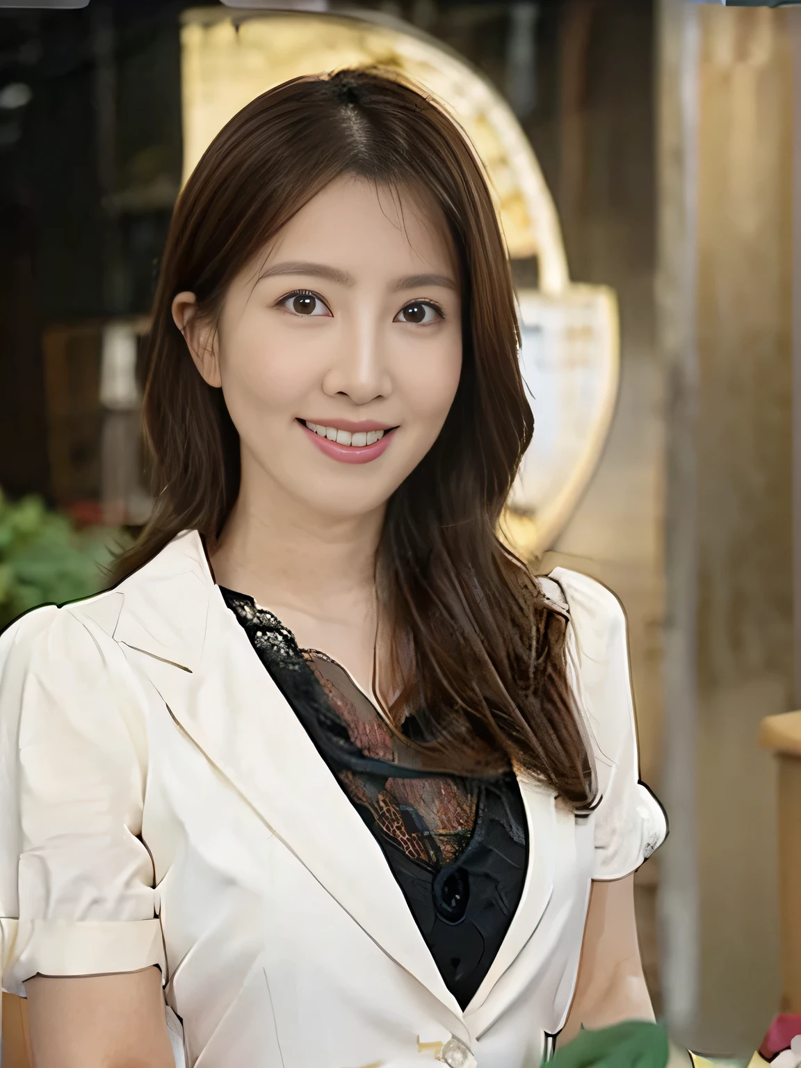 8K,(Black Background)、Simple background Best quality、Upper Body、masterpiece、Realistic。Realistic、Very detailed、Natural light、1 Japanese female、40 years old,Slightly brown-haired、short hair、(Lean forward to look into the camera)、Detailed bending forward、lingerie、Her cleavage is visible、A refreshing smile A friendly smile、Happy emotion smiley faces、Very detailedな顔と肌、Very detailedな目、Very detailedな顔と肌、Very detailed smile、Full Body Shot