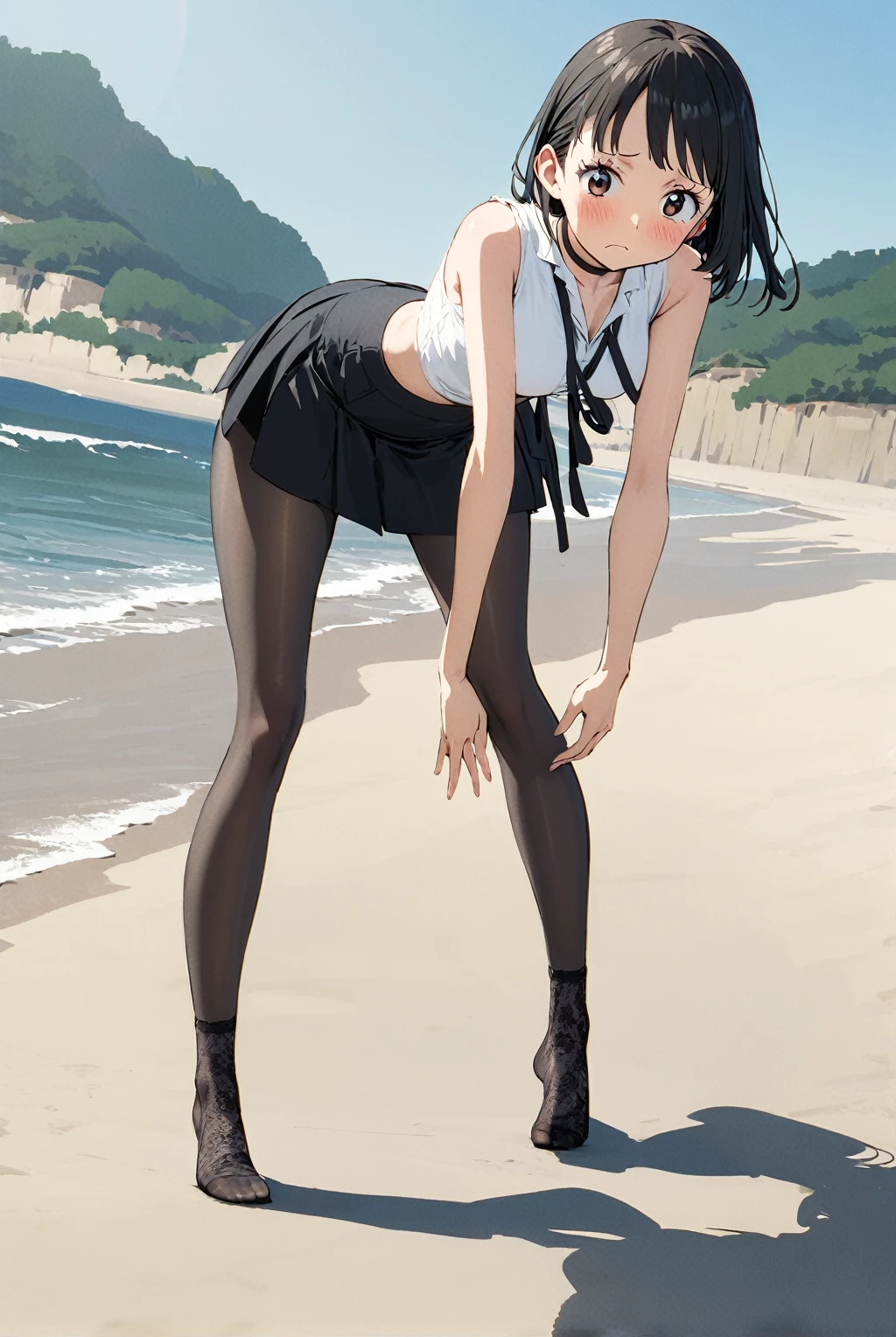 us, us One Piece, 1 girl, standing alone, shy expression, blushful, black choker, offwhite sleeveless tights, black ribbon around the neck, high waist black skirt with slit, offwhite long lace socks, offwhite, standing pose, Low viewing angle , pose sexy, legs bent, beach background, landscape by the sea, sunlight from above, anime styling, high restoration, detailed lines, soft sheen, sheen, high détail, high sheen, complex shadows, textured texture, smooth transition