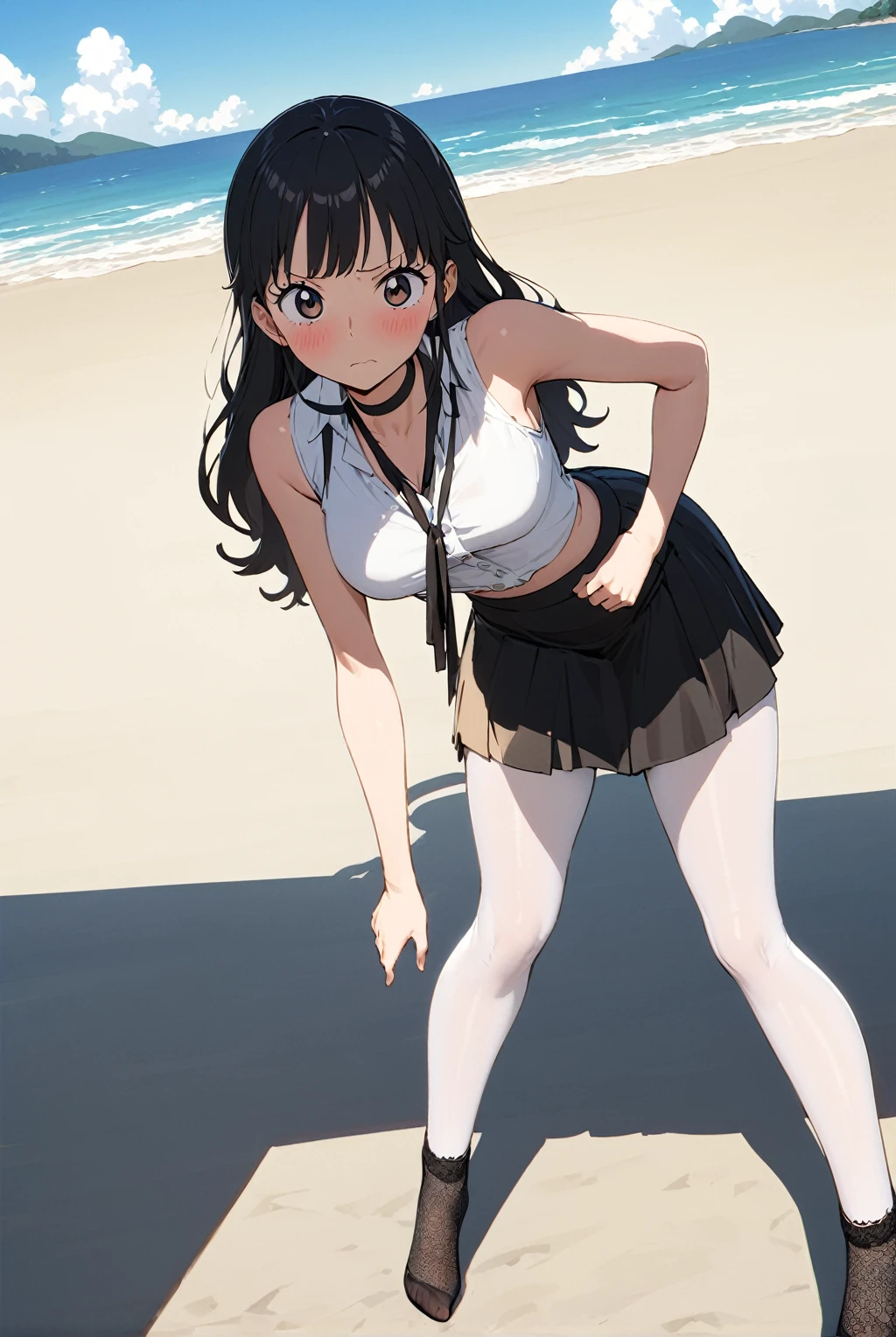 us, us One Piece, 1 girl, standing alone, shy expression, blushful, black choker, offwhite sleeveless tights, black ribbon around the neck, high waist black skirt with slit, offwhite long lace socks, offwhite, standing pose, Low viewing angle , pose sexy, legs bent, beach background, landscape by the sea, sunlight from above, anime styling, high restoration, detailed lines, soft sheen, sheen, high détail, high sheen, complex shadows, textured texture, smooth transition