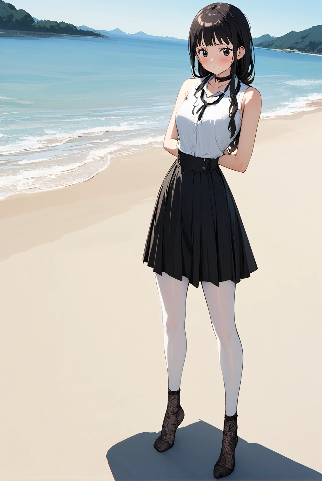 us, us One Piece, 1 girl, standing alone, shy expression, blushful, black choker, offwhite sleeveless tights, black ribbon around the neck, high waist black skirt with slit, offwhite long lace socks, offwhite, standing pose, Low viewing angle , pose sexy, legs bent, beach background, landscape by the sea, sunlight from above, anime styling, high restoration, detailed lines, soft sheen, sheen, high détail, high sheen, complex shadows, textured texture, smooth transition