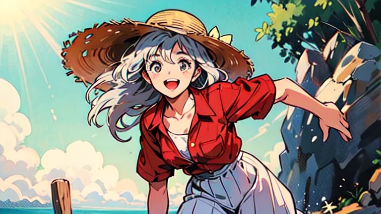A girl in a white dress, straw hat, happy smile, running, angle from below, clear expression, dynamic composition, silver hair,
It's a sunny summer day, it's the beach