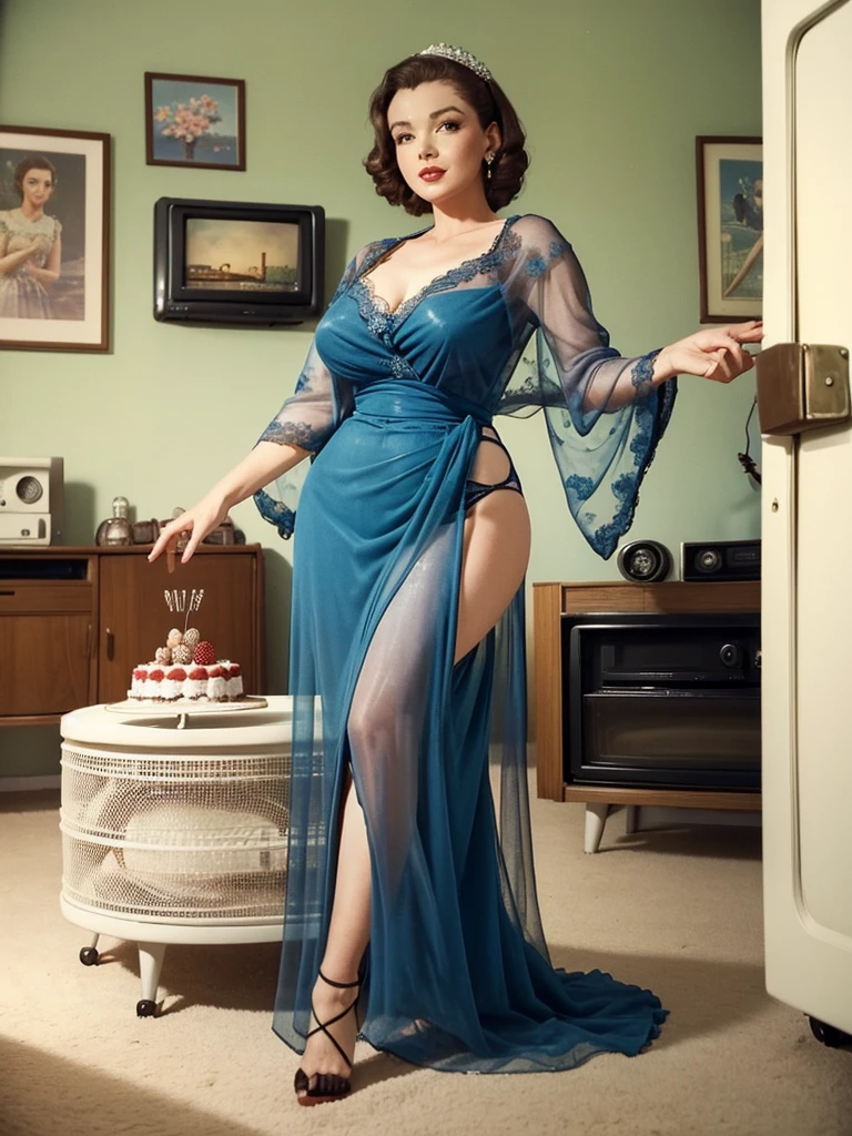 A lovely woman (M_Monroroe) in a sheer summer dress offering the viewer a cake, 50s style living room, old fashioned tv against wall
