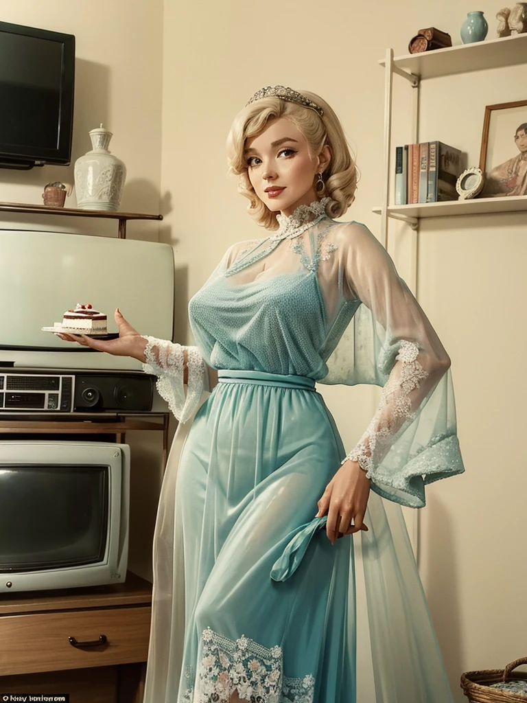 A lovely woman (M_Monroroe) in a sheer summer dress offering the viewer a cake, 50s style living room, old fashioned tv against wall
