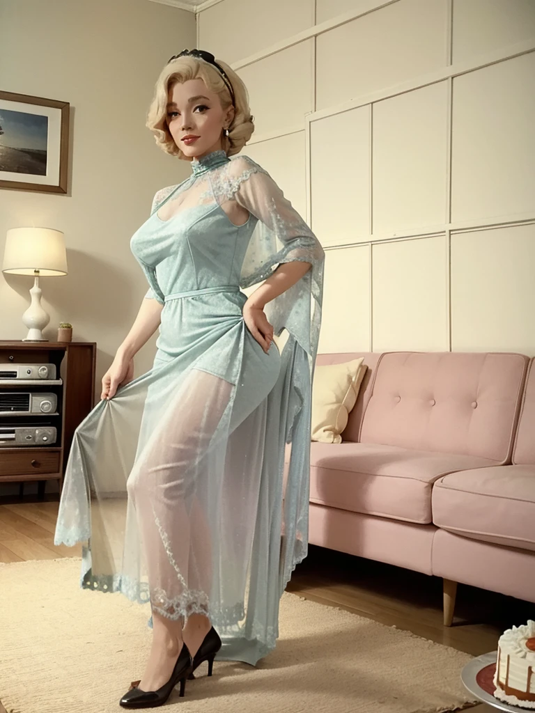 A lovely woman (M_Monroroe) in a sheer summer dress offering the viewer a cake, 50s style living room, old fashioned tv against wall
