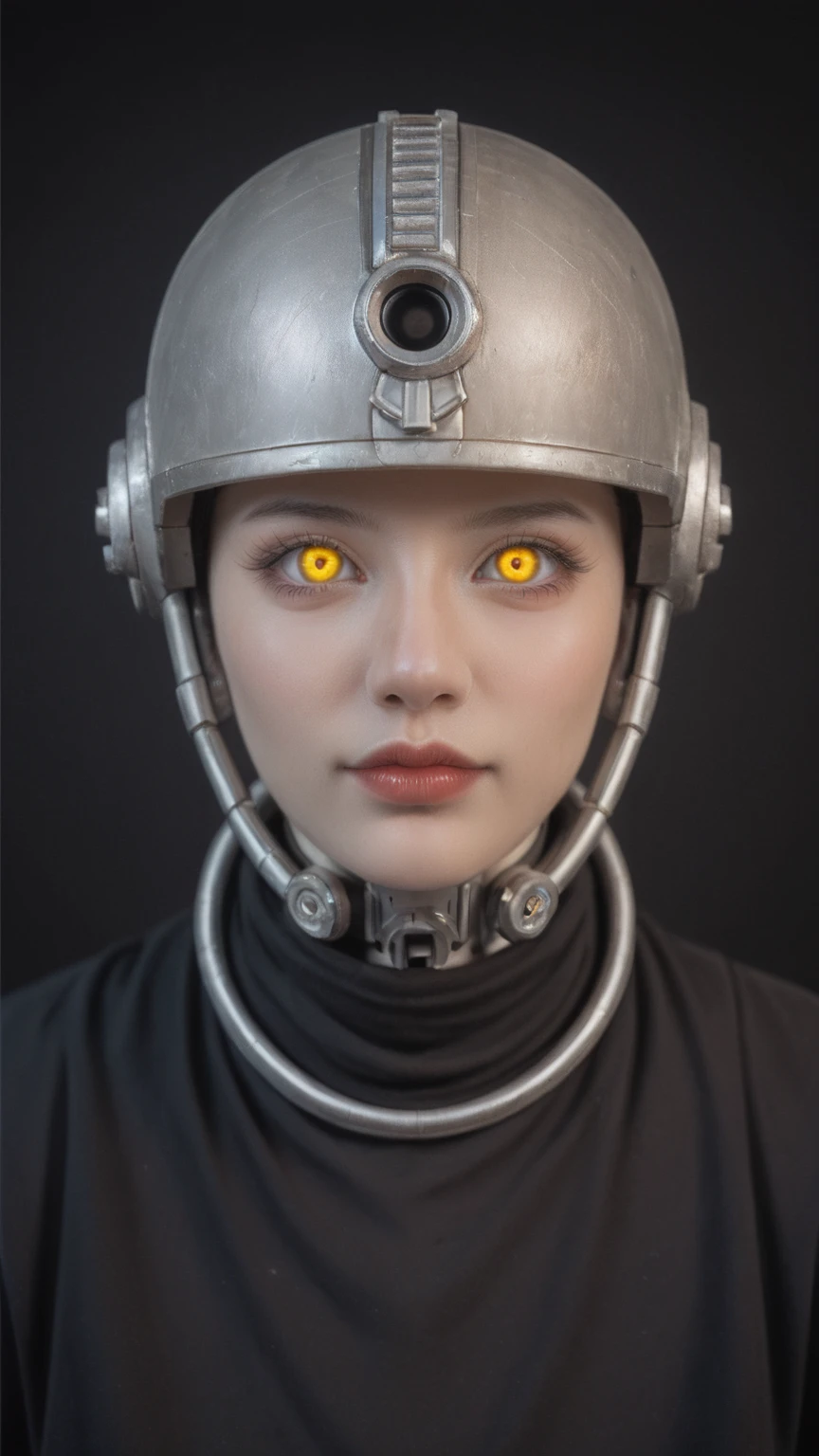 realistic,score_9, score_8_up, score_7_up,
1girl,solo,cowboy pose, robotic figure, prominent  helmet, weathered, rusted, large circular eyes, glowing, enigmatic, haunting, patchwork body, mechanical parts, gears, tubes, aged metals, corroded materials,