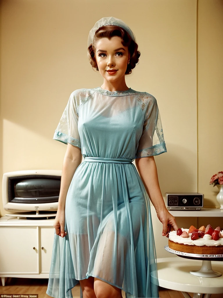 A lovely woman (M_Monroroe) in a sheer summer dress offering the viewer a cake, 50s style living room, old fashioned tv against wall
