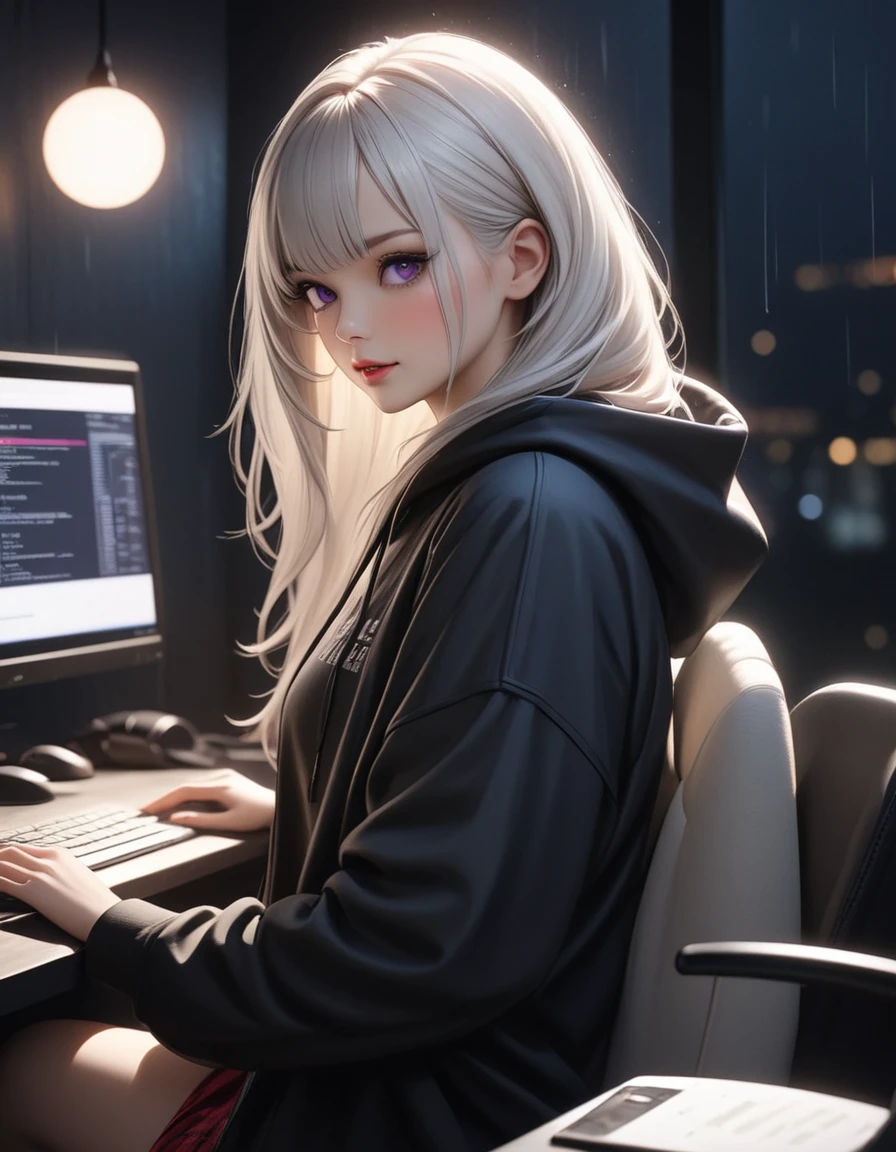 best quality, masterpiece, high resolution, One girl, white hair, Purple eyes, fashionable clothes, Beautiful face, more than_Body, Tyndall Effect, lifelike, Dark Studio, Lighting side, Bi-color lighting, (HD Da:1.2), 8k , Soft lighting, high quality, Volumetric lighting, candid, high resolution, 8k, bokeh, depth of field, female hacker Working on a computer, wearing a black hoodie, it's raining outside the window.
