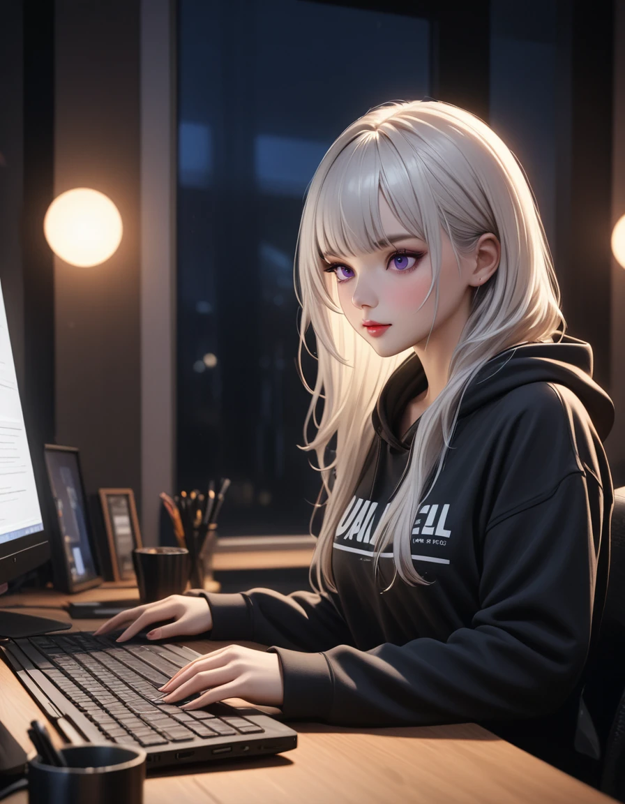 best quality, masterpiece, high resolution, One girl, white hair, Purple eyes, fashionable clothes, Beautiful face, more than_Body, Tyndall Effect, lifelike, Dark Studio, Lighting  side, Bi-color lighting, (HD Da:1.2), 8k , Soft lighting, high quality, Volumetric lighting, candid, high resolution, 8k, bokeh, depth of field, female hacker  Working on a computer, wearing a black hoodie, it's raining outside the window.
