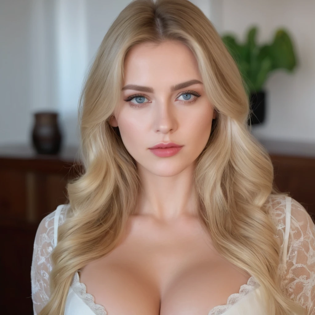 a beautiful blonde woman with long hair, full lips, seductive gaze, wearing an alluring outfit, large breasts, highly detailed, photorealistic, 8k, HDR, cinematic lighting, dramatic pose, looking directly at the viewer