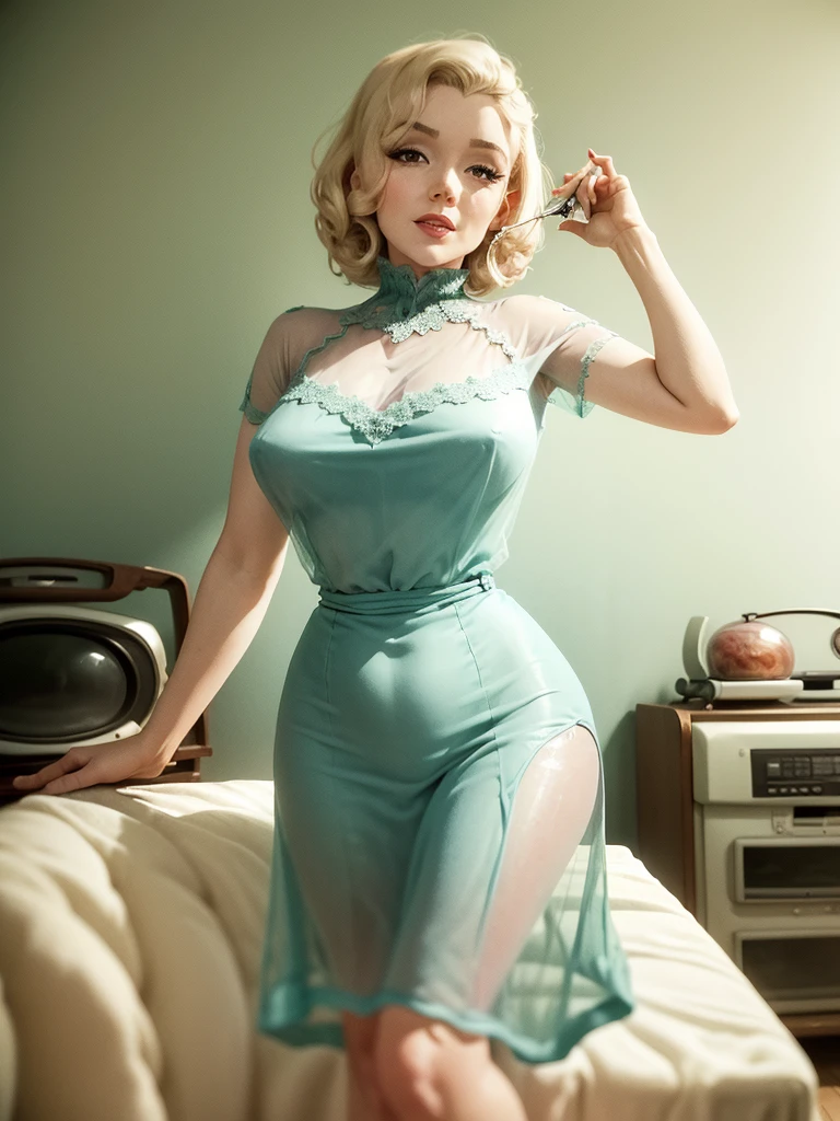 A lovely woman (M_Monroroe) in a sheer summer dress offering the viewer a cake, 50s style living room, old fashioned tv against wall