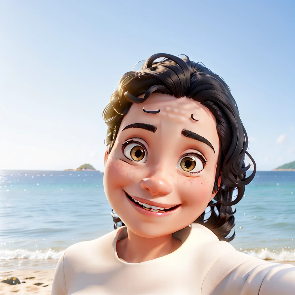 a woman with medium wavy black hair, smiling, on the beach, pixar style, in high definition

