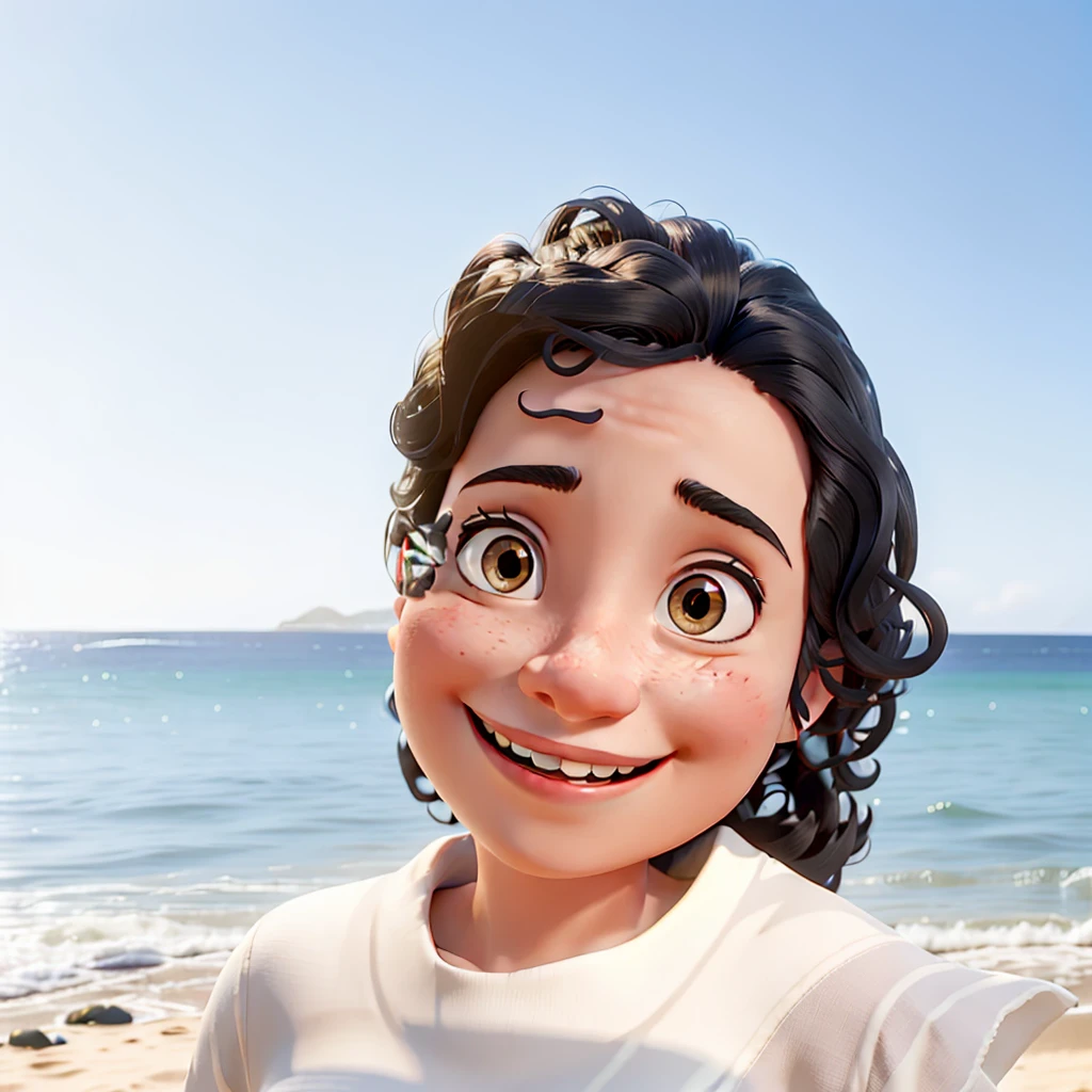 a woman with medium wavy black hair, smiling, on the beach, pixar style, in high definition