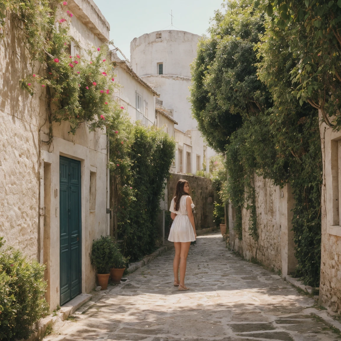 posant , vue de face, Vue de face, prise de vue en grand angle, Thème des îles grecques, cheveux queue de cheval, polaroïd, Kodak portrait 400, DOF 85mm, Beau (brun) femme européenne, dans la trentaine, debout dans une ruelle d’une île grecque , (pendant la journée:1.4), corps et cuisses épais, porter une robe d'été courte blanche:1.4)