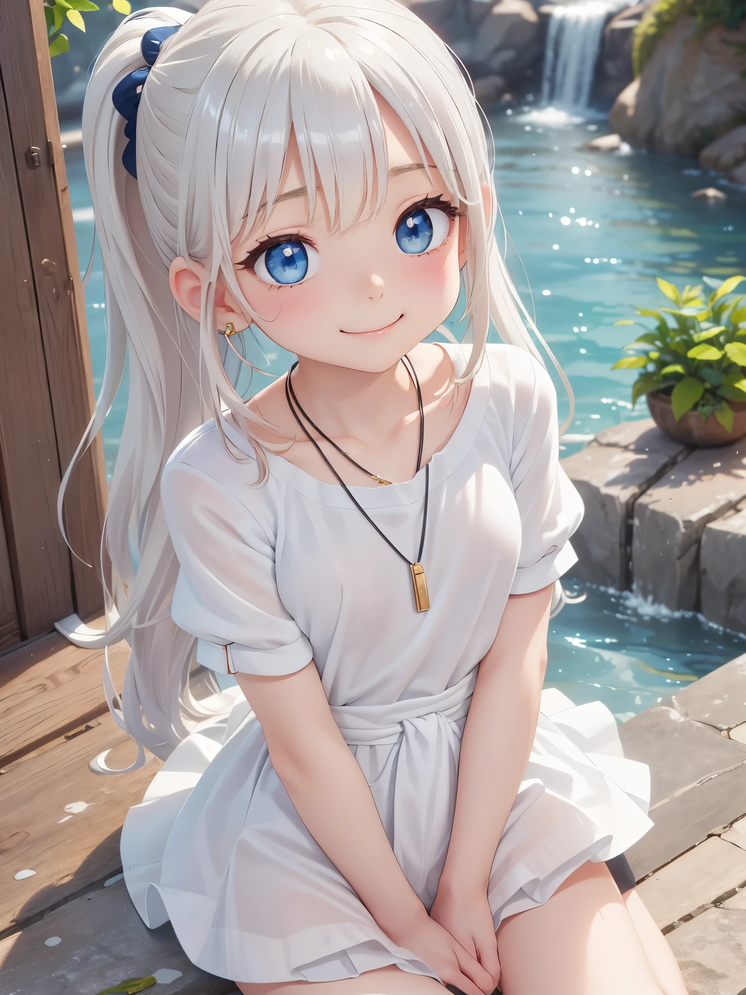thin and soft hair、Dynamic、Earrings、necklace、Beautiful glowing white skin,、 bright, Refreshing and gentle look, Perfect beautiful pretty face, Shiny platinum blonde straight long hair reaching down to her waist, Beautiful shiny bangs, （（Very beautiful and beautiful４Year old girl））, eyeliner, so perfect and beautiful, Big clear sky blue eyes, bright eye highlights, 、Cute smile、Long eyelashes、Cute figure、Looking down on a young girl from above、photograph、high quality、24ｋ、16ｋ、quality、Shorts T-shirt、I can see a big waterfall、Ponytail、（（（NSFW1.5）））