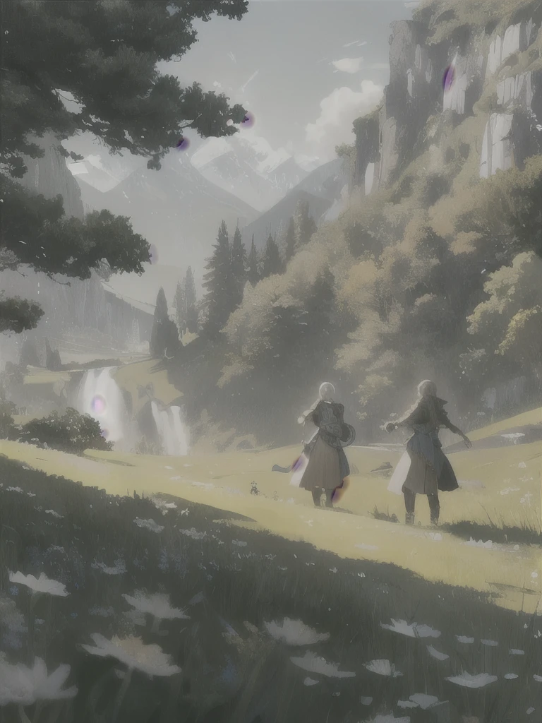 In a green meadow stands a girl leading a group of knights.
BREAK
With a brave expression, she guides them towards their destination.
BREAK
Behind her, a green forest stretches out and beyond that, mountains rise in the distance.
BREAK
The most suitable effect for this scene would be a watercolor painting technique to capture the softness of the meadow and the fluidity of the movement.