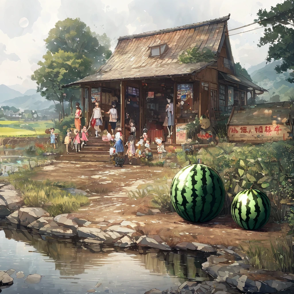 masterpiece,highest quality,ultra-detailed,high-definition background,8K,hi-res,high quality,BREAK, japanese manga style, sketch, Watercolor Colors.ハイクオリティなmasterpiece、landscape、anime、Japanese Town、traditional town、明るい星null。BREAK ロマンチックな古い町並み, null, pixiv, Concept Art, Lofi Art Style, reflection. by Makoto Shinkai, lofi art, Beautiful anime scene, BREAK animeのlandscape, 詳細なlandscape - width 672, in style of Makoto shinkai, style of Makoto shinkai, enhanced details, BREAK,Detailed,Realistic,4k highly detailed digital art,octane render、 Bioluminescence,BREAK 8K解像度Concept Art,realism,by Mappa Studios,masterpiece,最high quality,Official Art,An illustration,ligne claire,(cool_Farbe), Perfect composition,Absurd,Fantasy,concentrated,Rule of thirds,High detail,animeーション,animeーションのスタイル、 Shine, Film lighting, god々Shining rays, Shine光, reflection光, Get closer, Lens flare, masterpiece, High Detail, 最high quality, Ultra detail, high quality, animeーション背景, animeーション壁紙, sunny, 明るい青null, Dramatic lighting, 植wood鉢, plant, wood, Grass, Cobblestone Street,(( hometown, hometownの町, Summer vacation, memory, 夏のmemory, homecoming、countryside、CountrysiHometown,Children playing、Festivals、Children playing、))((Veranda、watermelon、watermelonを食べる:1))