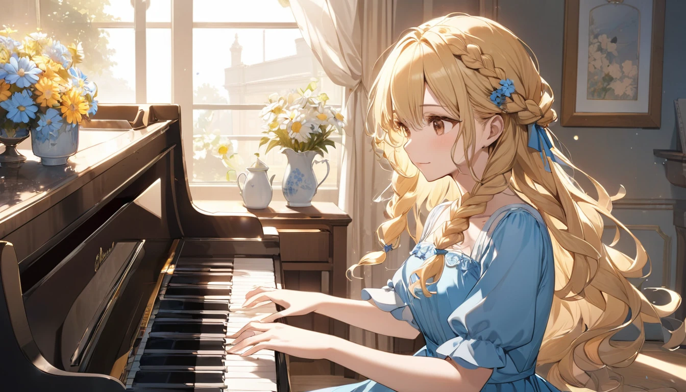 (Highest quality)A blonde girl with long curly hair and brown eyes、Wearing a beautiful blue dress and playing the piano in the morning。. She has flowers and braids in her hair