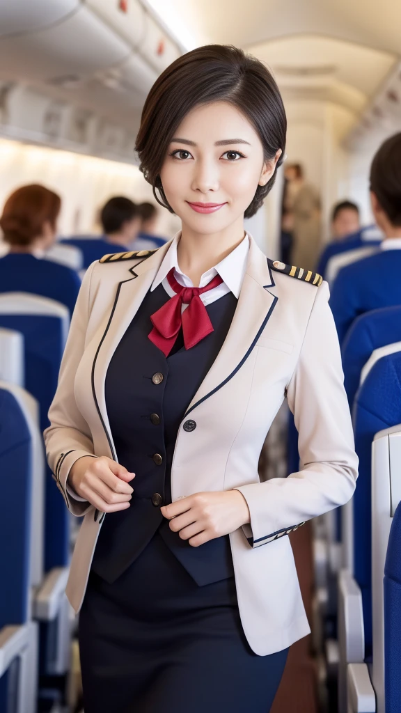 Tabletop, Highest quality, Realistic, Ultra-detailed, finely, High resolution, 8K Wallpaper, Mature Woman,(Beautiful Japanese flight attendants over 75 years old:2.1)、(Full body shot on an airplane:1.5)、(Standing in the aisle of an airplane:1.5)、(Beige suit and skirt over light blue shirt:2.5)、(Flight attendant uniform:1.3)(Hair tied back in an updo:1.6)、(Fine lines around the eyes:2.9),(Super big breasts:1.6)(Saggy big breasts:1.3),(Old face:2.8)、(Voluptuous figure:1.2),Sharp focus, Perfect dynamic composition, Beautiful and fine details, Fine hair, Detailed and realistic skin texture, smile, Close-up portrait,