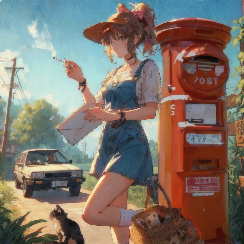 Anime girl with cat standing by old postbox with cigarette and letter, Scrap delivery service, Retro Anime Girls, Realistic Anime 3D Style, Lo-fi Girl, artwork in the style of Gwaiz, Gwaiz, Anime Style 4 k, 80年代のAnime Style, Anime Style illustration, Artjam and Athi Gairan, Anime Style. 8K