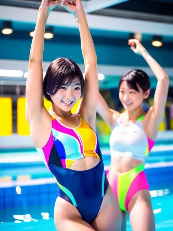 Best quality 8k resolution Ultra detailed Ultra high resolution Bright neon colored competition swimwear Serious facial expression Two women Abs Arms up Very short hair High waisted tights Flat chest Japanese Sharp focus Swim team Very short hair 27 years old Sweating Sunlight