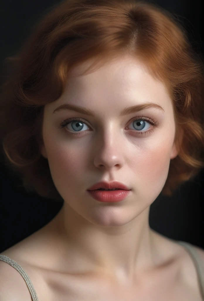 1girl, detailed beautiful eyes, beautiful detailed lips, extremely detailed eyes and face, longeyelashes, detailed delicate body, detailed hands, realistic, photorealistic, best quality, Rembrandt lighting, dramatic, masterpiece, European appearance, cute oval face, short red hair, huge breasts, posing, retro style, highquality photo art, David Dubnitsky, pale skin, pores, moles, tight Tshirt, short shorts, NSFW