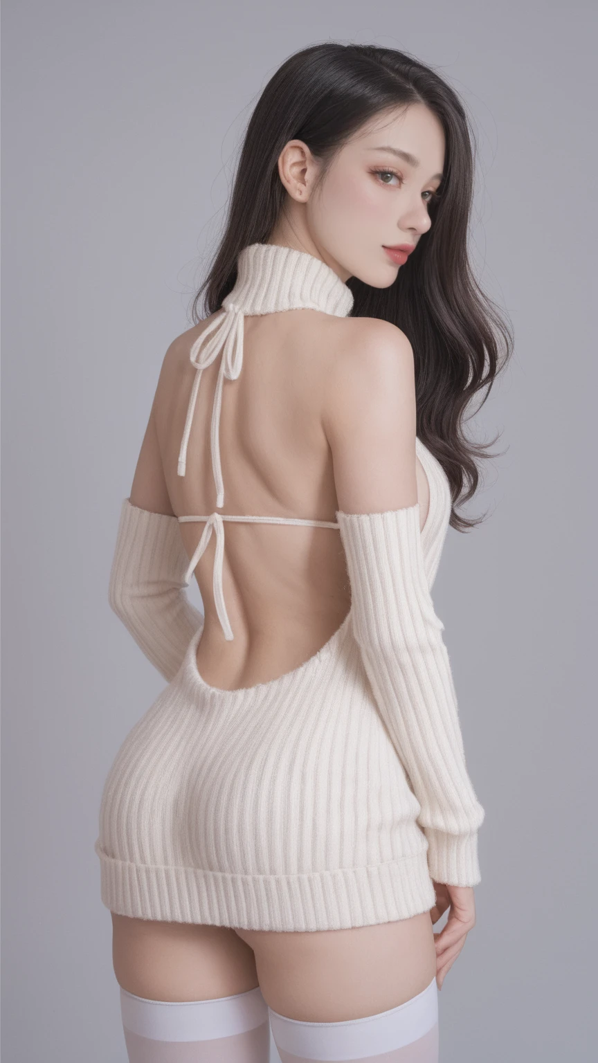 realistic,score_9, score_8_up, score_7_up, 1girl, very aesthetic, 18 years old, beautiful girl, detailed fance and eyes, virgin destroyer sweater, SideBoob, white panties, white thighhighs,