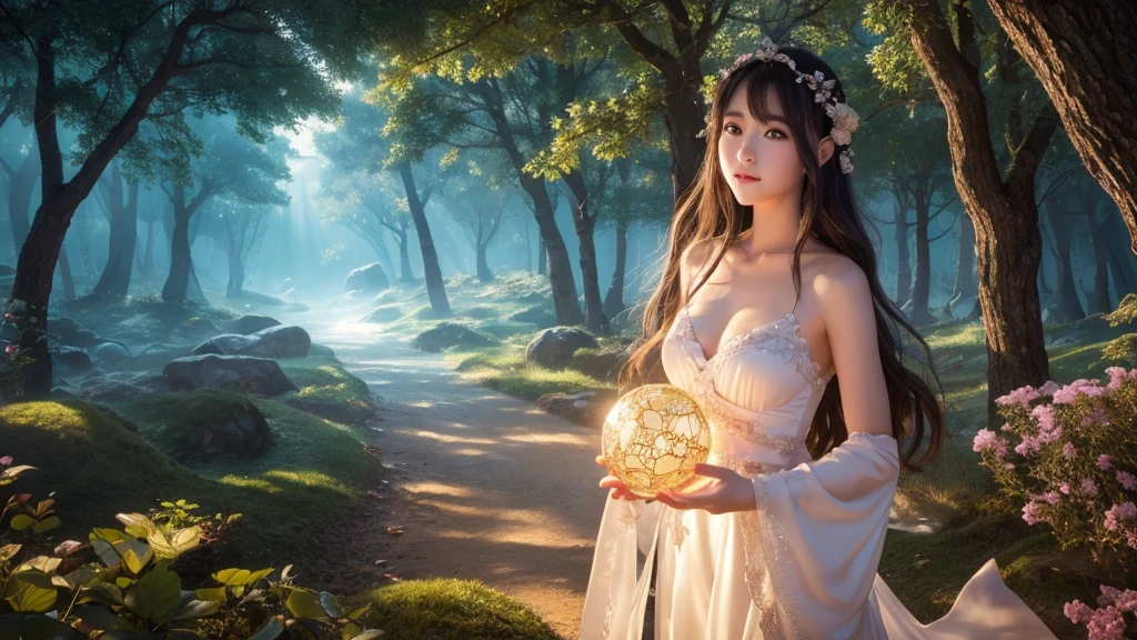 1920×1080、Photogenic reality、Delicate depiction、heaven、Fantasy、magic、In the fantasy forest、Wrapped in dazzling light、眩Shiiほどの黄金色の光が降り注ぐ、god々Shii、Fantasy、cute、Beauty、Adult female、Big Eyes、一人の美Shii美の女godの全身の画像を作ってください