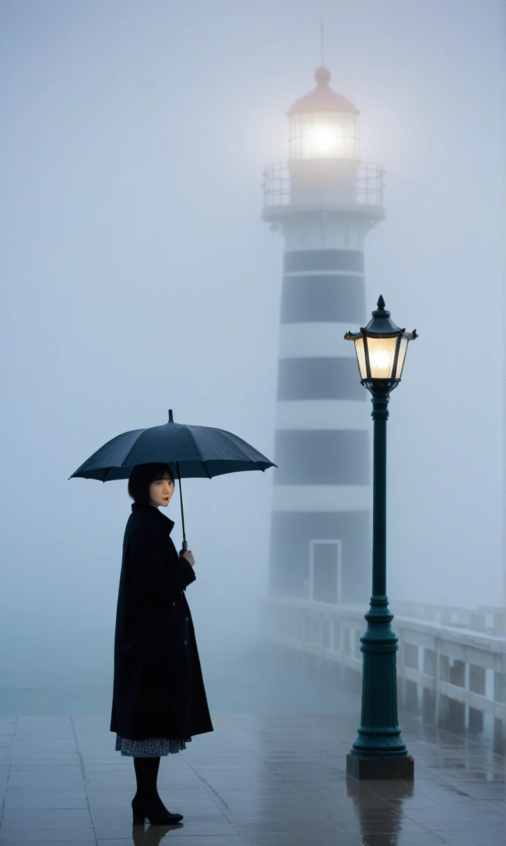 Korean woman,Short hair, black coat, cool,rain,blur,Fog,middle,cool,boring,,pier,only,lighthouse,Coast,
The dim light shines in the Fog,and the figure stands in the Fog holding an umbrella,