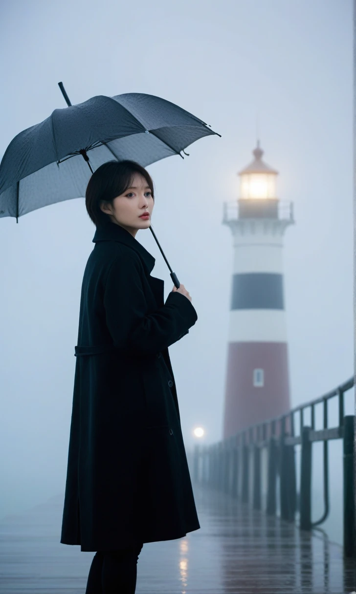 Korean woman,Short hair, black coat, cool,rain,blur,Fog,middle,cool,boring,,pier,only,lighthouse,Coast,
The dim light shines in the Fog,and the figure stands in the Fog holding an umbrella,