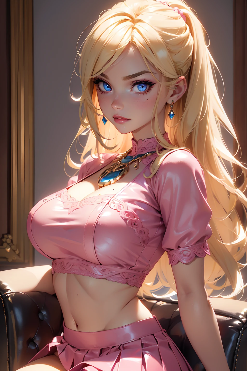 (((Blonde stunning hair))), (blue eyes), blue necklace, Golden earrings, Fit, Gorgeous Body, gorgeous, brown eyebrows, (two moles over lip), big pupils, (23 years old), 1girl,solo, complex skin, warm light, (large breasts), wide thighs, round butt, 5 fingers, ((blushing)), ((detailed face, best quality)), ((masterpiece)), ((ultra-detailed)), (beautiful detailed eyes), red lip, eyeshadow, beautiful face, long hair, very detailed eyes, intricate details in eyes, perfect lips, good lighting, ((leathet short pink skirt and leather crop top)), (best quality), (real picture, intricate details), long hair, detailed face, mean smirk, evil face, mean girl, evil girl, mean expression, evil smile, big plump breasts, big ass, ((in a pink bedroom)), ((masterpiece: 1.4)), sitting