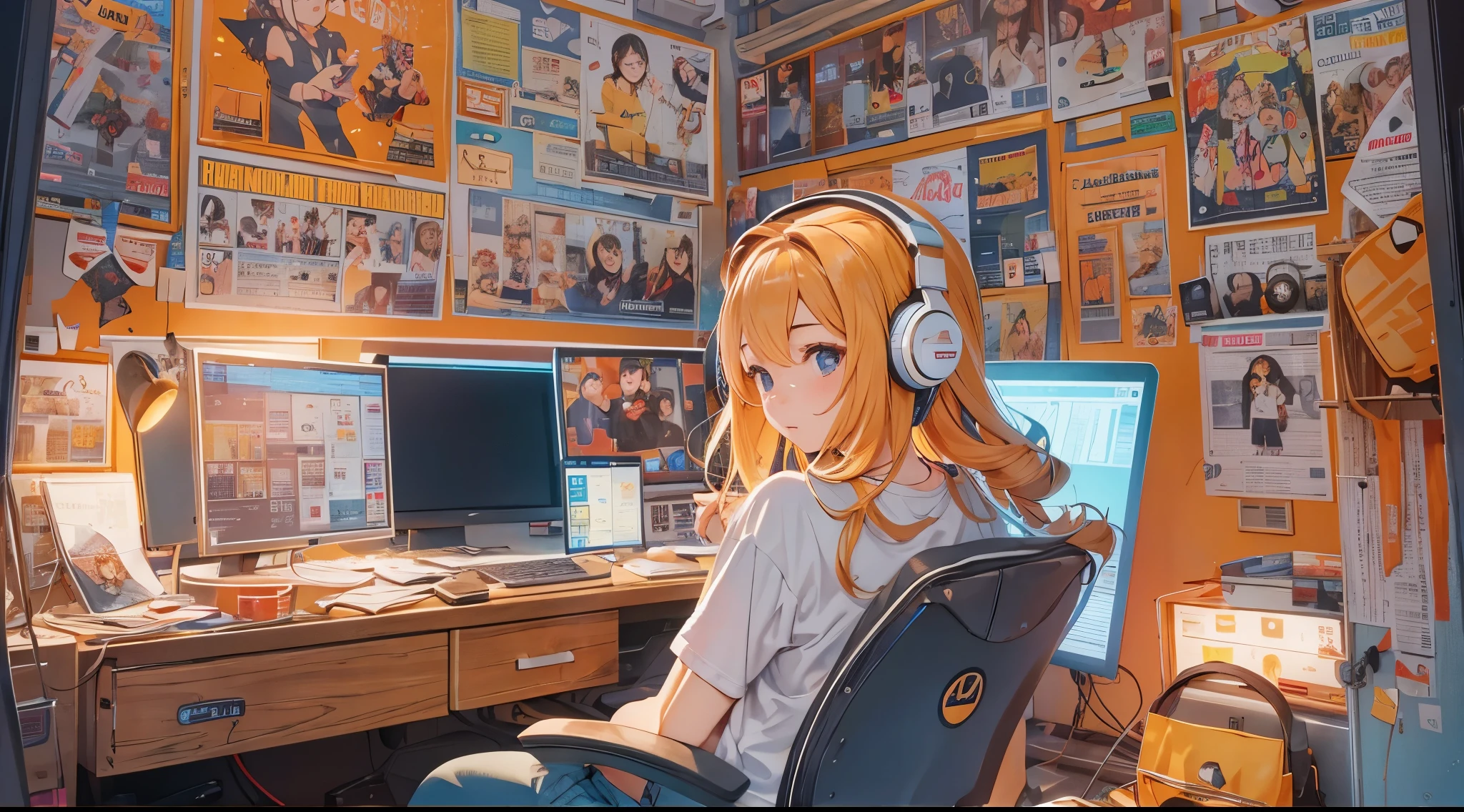 high resolution、One Girl、Wearing headphones、Logo T-shirt and hot pants、In the girl&#39;s room、Studying on a computer、Large monitor、Vibrant colors、Vivid Color、Warm shades、Full body images、Orange long hair、