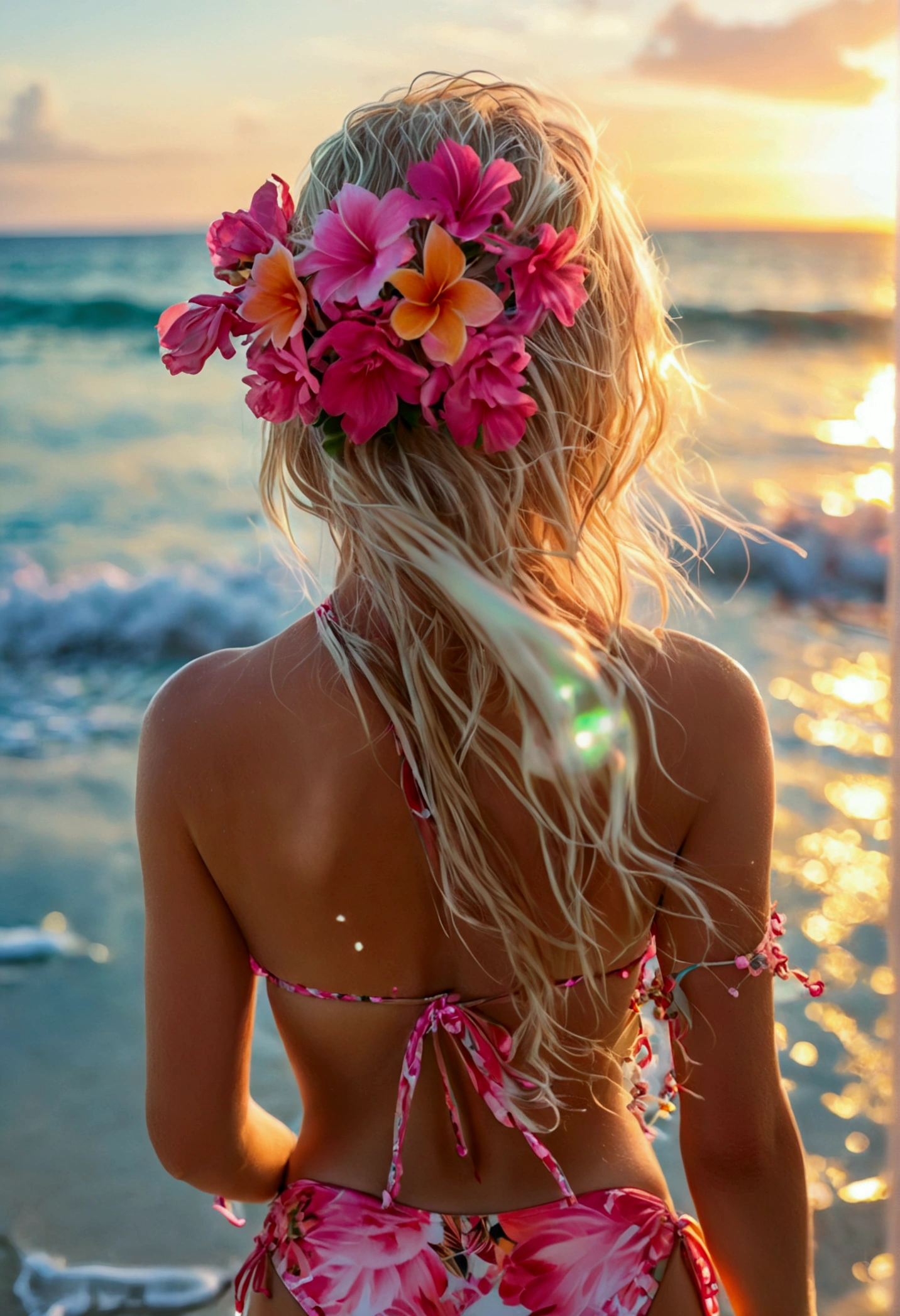 Beautiful, young white teen, blonde hair, brightly smiling, wearing pink floral string bikini, walking on a tropical beach at sunrise, (picture emphasizes her innocence), perfect lighting, (extreme detail), (8k), (wallpaper), viewed from behind
