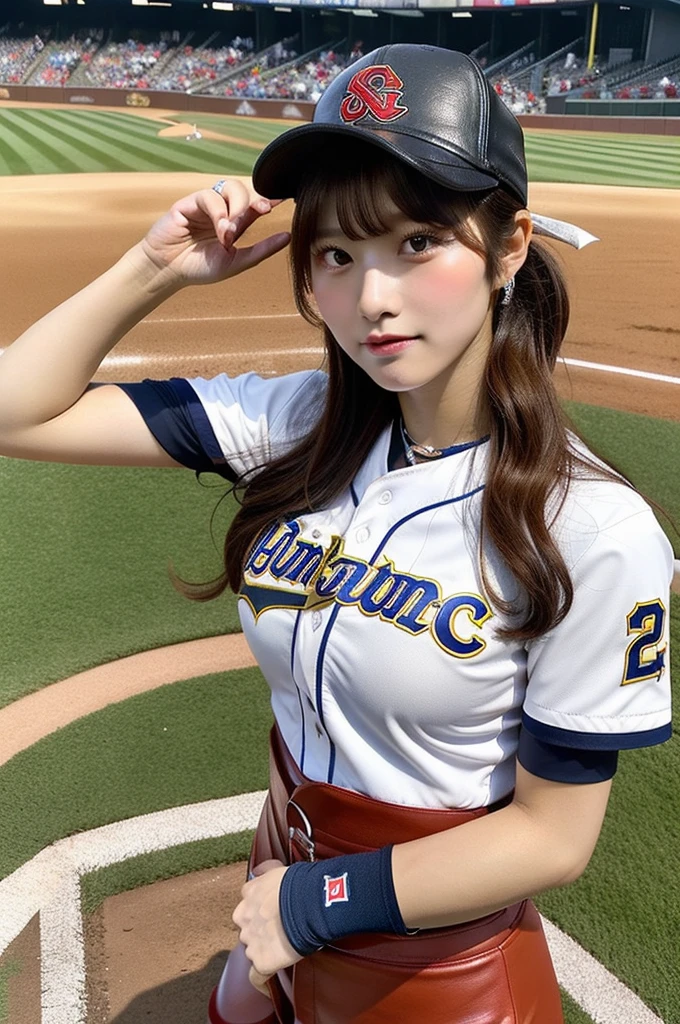 (8k, masterpiece, highest quality),girl１name、wet sweat、baseball、cheerleader clothes、Simple baseball stadium background、head shot、chocolate banana in hand