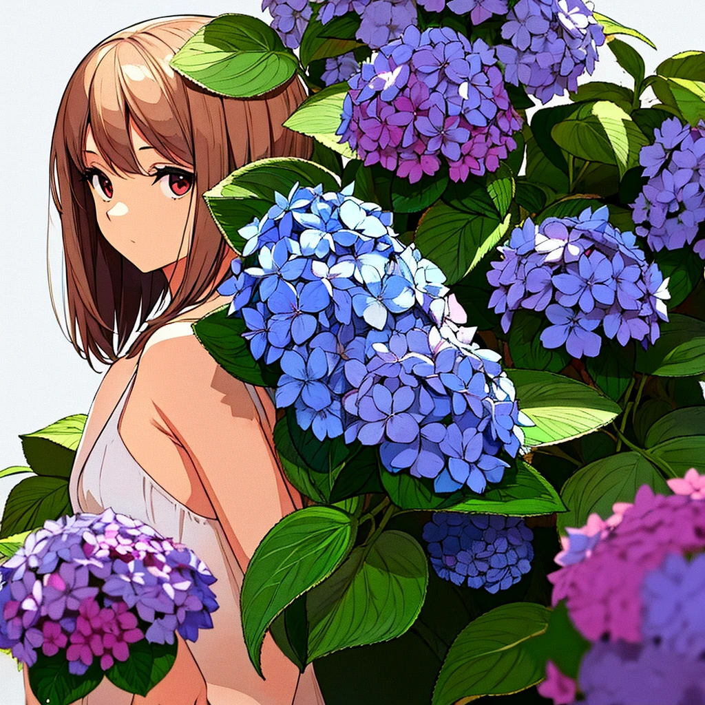 Plain background, girl in , simple, summer, nostalgic, hydrangea