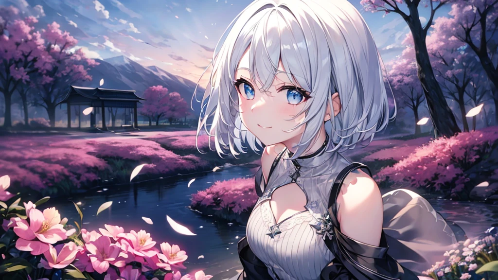 Ultra HD,Look at the viewers, Put your hands behind your back, With a girl, 20-year-old, 非常にShort Hair, Long bangs between the eyes, Pale blue eyes,  Very detailed,(masterpiece、Highest quality),Gray Hair、Laughter、Fantastic, Silver Hair, Iris,  Short hair、 Fluttering Hair、Small Face、明るいsmile、(Detailed face) ,Professional Lighting,Wonderful landscape,blue sky, sunlight,Looking down from above,Portraiture、Open your mouth、Flower Field、Her eyes were shining、Mysterious and enchanting atmosphere。With AI Painting、とてもShort Hair, Long bangs between the eyes, Very detailed,(masterpiece、Highest quality)、alone、Gray Hair、Fantasy, Silver Hair, Fantasyな風景、smile、Open your mouth、short hair、Short Hair、hairpin、black eye、Grey Eyes、Beautiful Eyes、White shirt、Jacket、I can see the neck、The clavicle is visible、hoodie