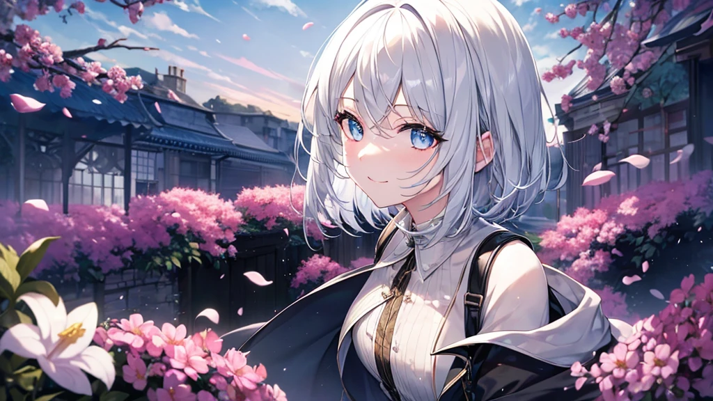 Ultra HD,Look at the viewers, Put your hands behind your back, With a girl, 20-year-old, 非常にShort Hair, Long bangs between the eyes, Pale blue eyes, Very detailed,(masterpiece、Highest quality),Gray Hair、Laughter、Fantastic, Silver Hair, Iris, Short hair、 Fluttering Hair、Small Face、明るいsmile、(Detailed face) ,Professional Lighting,Wonderful landscape,blue sky, sunlight,Looking down from above,Portraiture、Open your mouth、Flower Field、Her eyes were shining、Mysterious and enchanting atmosphere。With AI Painting、とてもShort Hair, Long bangs between the eyes, Very detailed,(masterpiece、Highest quality)、alone、Gray Hair、Fantasy, Silver Hair, Fantasyな風景、smile、Open your mouth、short hair、Short Hair、hairpin、black eye、Grey Eyes、Beautiful Eyes、White shirt、Jacket、I can see the neck、The clavicle is visible、hoodie