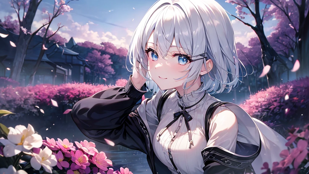 Ultra HD,Look at the viewers, Put your hands behind your back, With a girl, 20-year-old, 非常にShort Hair, Long bangs between the eyes, Pale blue eyes, Very detailed,(masterpiece、Highest quality),Gray Hair、Laughter、Fantastic, Silver Hair, Iris, Short hair、 Fluttering Hair、Small Face、明るいsmile、(Detailed face) ,Professional Lighting,Wonderful landscape,blue sky, sunlight,Looking down from above,Portraiture、Open your mouth、Flower Field、Her eyes were shining、Mysterious and enchanting atmosphere。With AI Painting、とてもShort Hair, Long bangs between the eyes, Very detailed,(masterpiece、Highest quality)、alone、Gray Hair、Fantasy, Silver Hair, Fantasyな風景、smile、Open your mouth、short hair、Short Hair、hairpin、black eye、Grey Eyes、Beautiful Eyes、White shirt、Jacket、I can see the neck、The clavicle is visible、hoodie