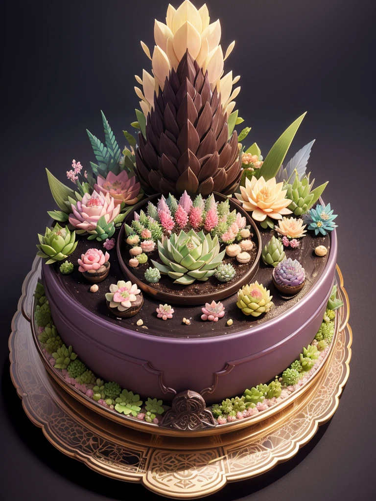 Japanese bento cake with various echeverias, full body, distant shot, wide view, pastel coloured, intricate shapes, bizarre splendid masterpiece, transparent, translucent, vector graphics, high definition, high quality, high resolution, high detailisation, intricate details, bohemian, dark botanical, dark fantasy, professional photo