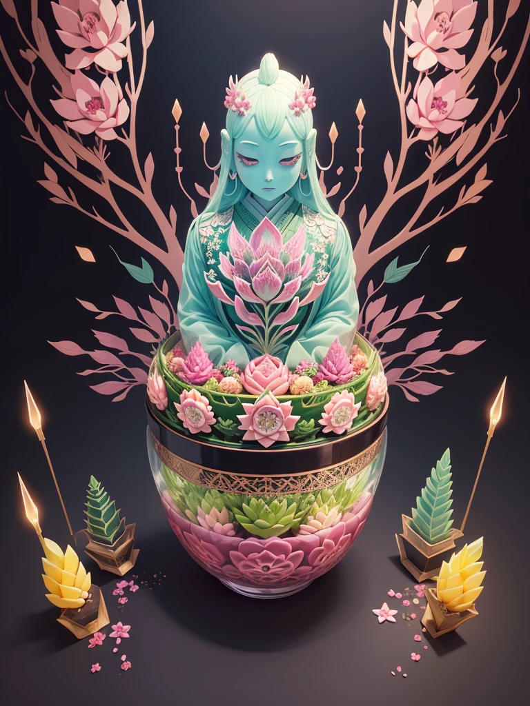 Japanese bento cake with various echeverias, full body, distant shot, wide view, pastel coloured, intricate shapes, bizarre splendid masterpiece, transparent, translucent, vector graphics, high definition, high quality, high resolution, high detailisation, intricate details, bohemian, dark botanical, dark fantasy, professional photo