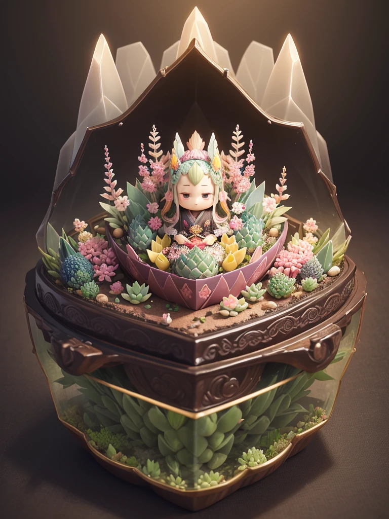 Japanese bento cake with various echeverias, full body, distant shot, wide view, pastel coloured, intricate shapes, bizarre splendid masterpiece, transparent, translucent, vector graphics, high definition, high quality, high resolution, high detailisation, intricate details, bohemian, dark botanical, dark fantasy, professional photo