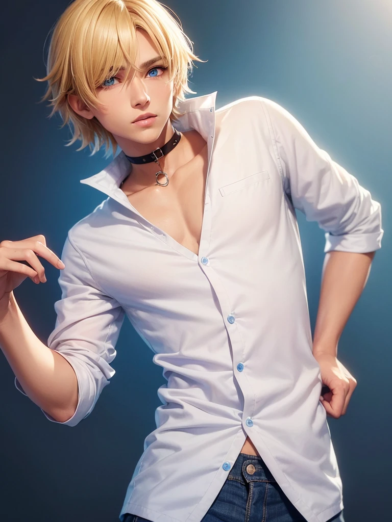 (best quality), 1boy, male, tanned skin, blonde hair, short hair, side bangs, beautiful hairstyle, blue eyes, perfect eyes, white cropped cardigan, blue shirt, skinny jeans, choker, mboy, slender, handsome, attractive, skinny body, masterpiece, anatomically correct, highres
