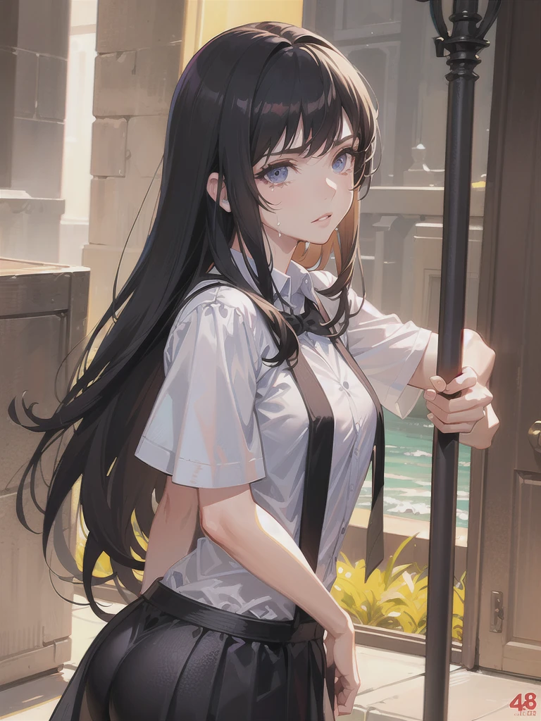 a long-haired girl in a black skirt and white shirt, tied up on a light pole, crying and frowning with embarrassment, her purple panties and ass showing, (best quality,4k,8k,highres,masterpiece:1.2),ultra-detailed,(realistic,photorealistic,photo-realistic:1.37),intricate details,cinematic lighting,dramatic lighting,dramatic shadows,dramatic pose,highly detailed face, beautiful detailed eyes,beautiful detailed lips,extremely detailed eyes and face,longeyelashes