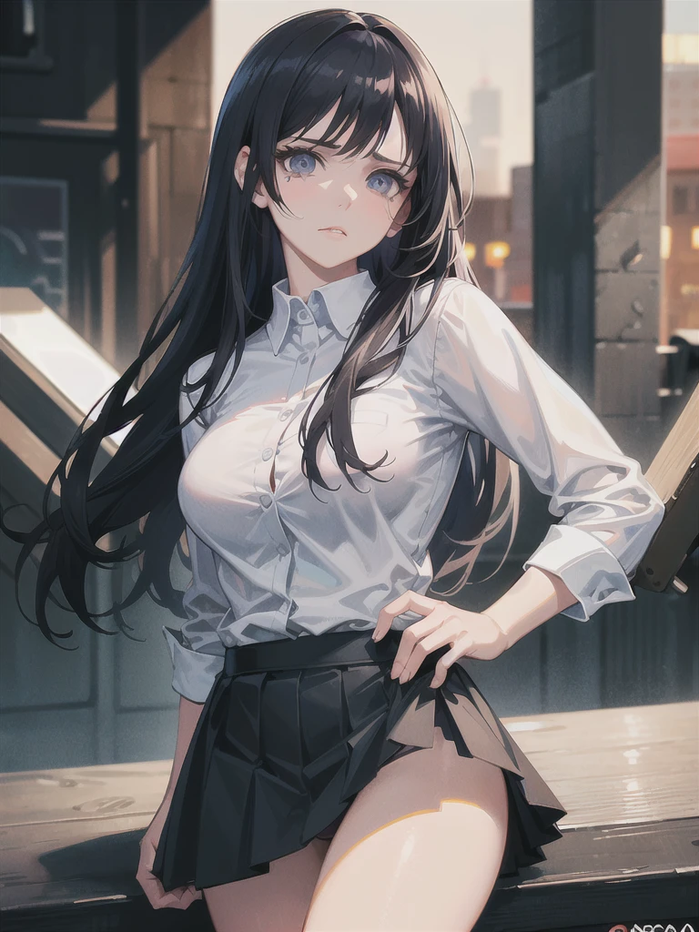 a long-haired girl in a black skirt and white shirt, tied up on a light pole, crying and frowning with embarrassment, her purple panties and ass showing, (best quality,4k,8k,highres,masterpiece:1.2),ultra-detailed,(realistic,photorealistic,photo-realistic:1.37),intricate details,cinematic lighting,dramatic lighting,dramatic shadows,dramatic pose,highly detailed face, beautiful detailed eyes,beautiful detailed lips,extremely detailed eyes and face,longeyelashes