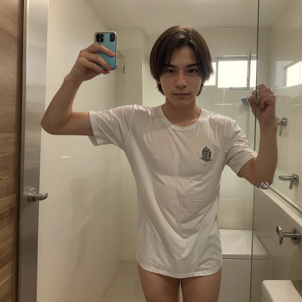 17 yearold russian taking a selfie of his arm muscle with his clothes on in a bathroom without showing his face.