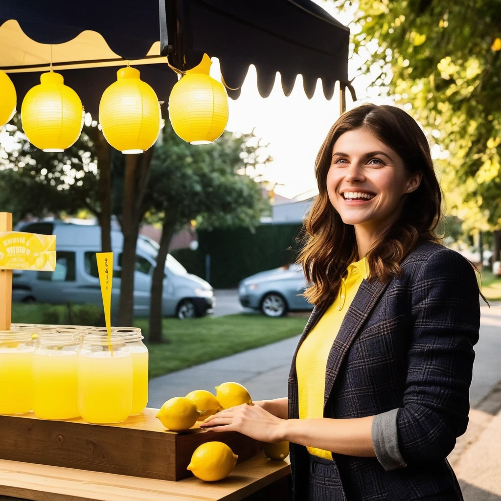 a photo of Alexandra Daddario, ohwx woman, smile, cinematic lighting, at a lemonade stand 