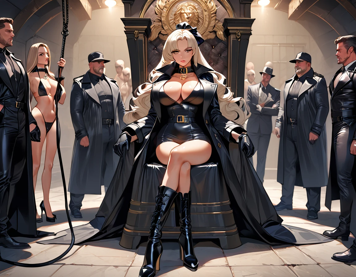pretty ponytail girl with huge breastr class, luxury, triad female leader, Known for her impeccable fashion sense and elegant demeanor, she is a true embodiment of the Versace brand. Her body language is as captivating as her style dressed all shiny rubber trench coat with (((dramatic high coat collar))) (((big and wide coat collar))), showcasing a unique combination of elegance and strength. leather gloves and boots, elegant sit pose on throne, holding a whip, in torture room basement, surrounded and whorsip by naked men