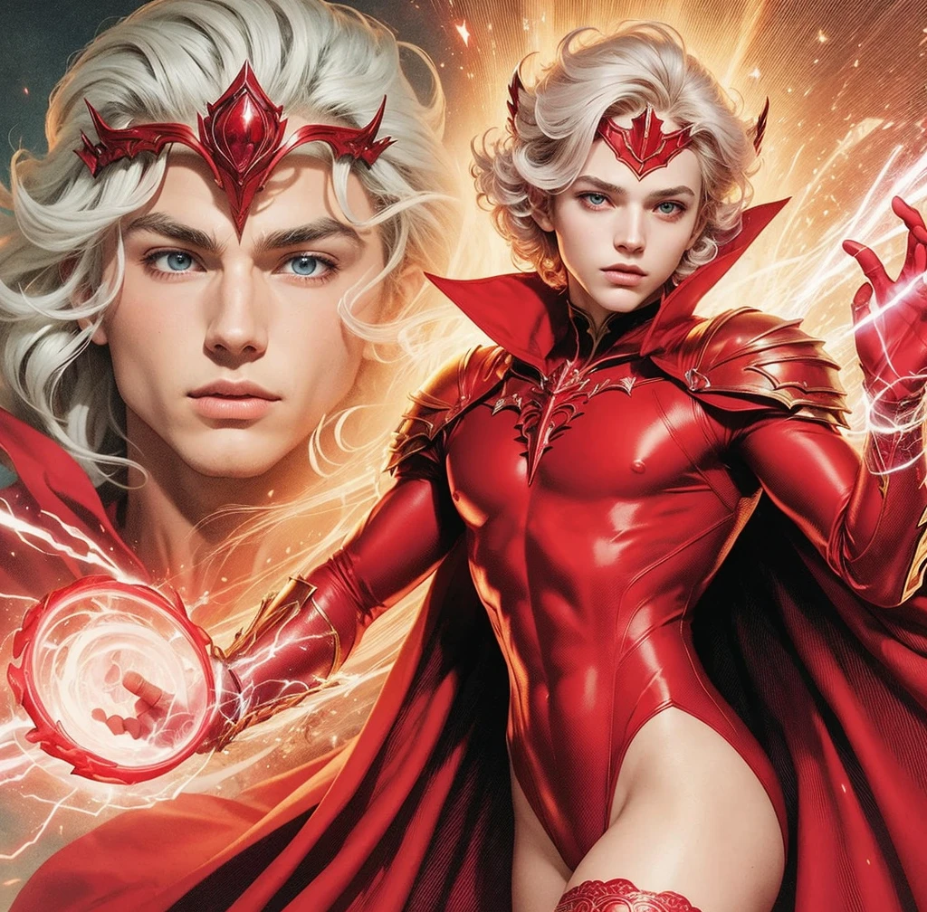 American classic comic book art: Scarlet Wizard man, handsome delicate ethereal young man, short platinum hair with beautiful waves curls, red helm tiara on forehead, butt, tight scarlet bright red bodysuit red sorcerer outfit, bright red gloves, light pink tight fishnet stockings, emanating scarlet red magic energy symbols, beautiful thighs, very young face man delicate, blue eyes, ethereal sorcerer scarlet, red sorcerer cape sorcerer, neck covered, classic comic book, ethereal male delicate body 