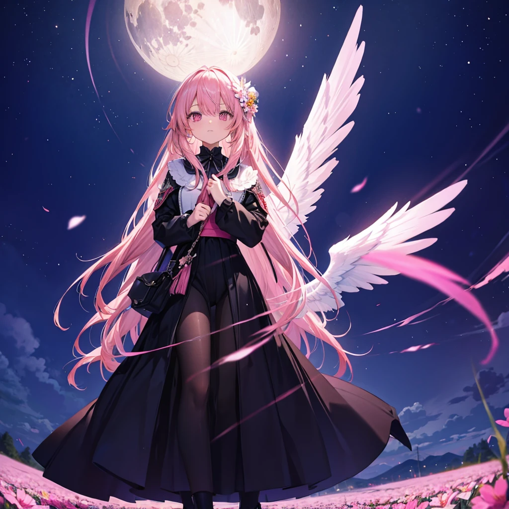 ((((Standing in a flower field)))) (((Long Hair Pink Eyes Pink Hair Black Dress Archangel))) ((night 満moon Western style Shining Aura Face is close Standing in a flower field Close-up)) Broken glass Big ribbon moon star Catch the wind