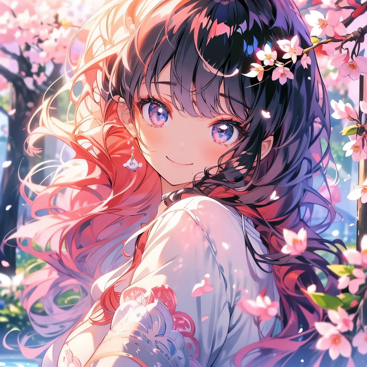 masterpiece、Delicate eyes、smile、Anime Girls, Redhead、可愛いAnime Girls、smile、((cherry blossoms))、たくさんのcherry blossomsフラクタルアート、Gwaiz、garden、Flower garden